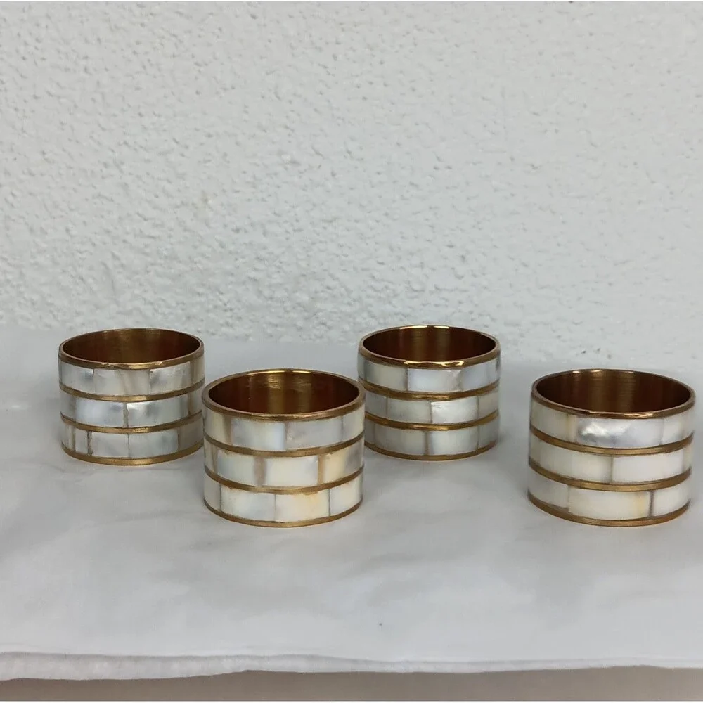 4 Mother of Pearl Napkin Ring Holders Brass Boho Seaside Table Setting